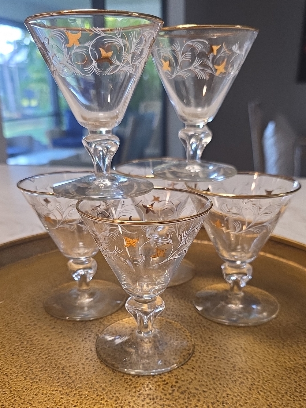 Vintage Libby Royal MCM Gold-Rim Etched Glass Coupes Barware Set of 6